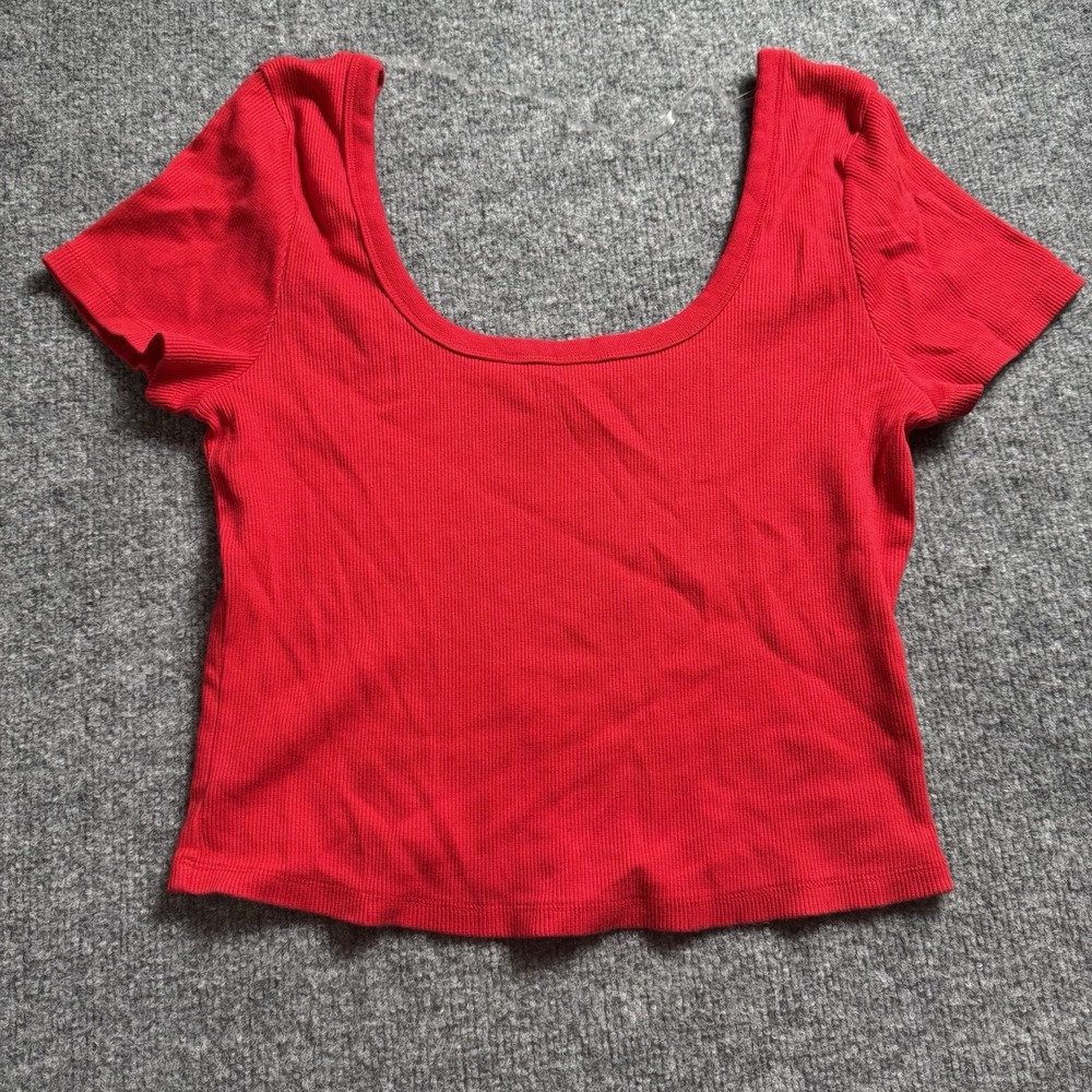 Red Ribbed Crop Top Short Sleeve Scoop Neck Rib Knit T Shirt Top Juniors Womens